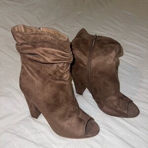 Open toe brown suede ankle boots